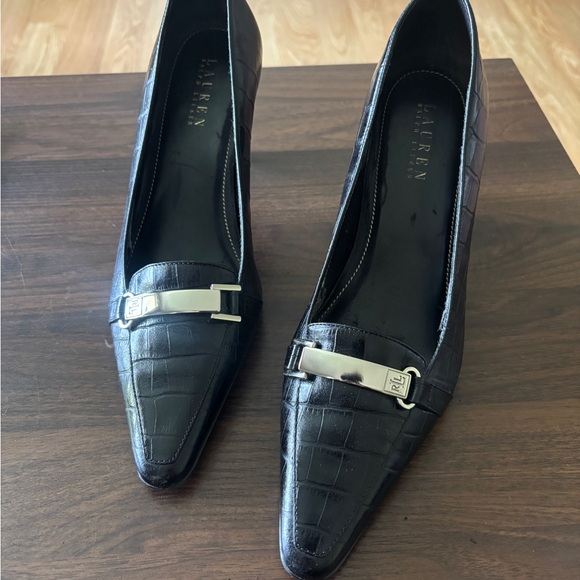 Black Croc-Embossed Women's polo Ralph Lauren square toe pumps - Picture 1 of 7